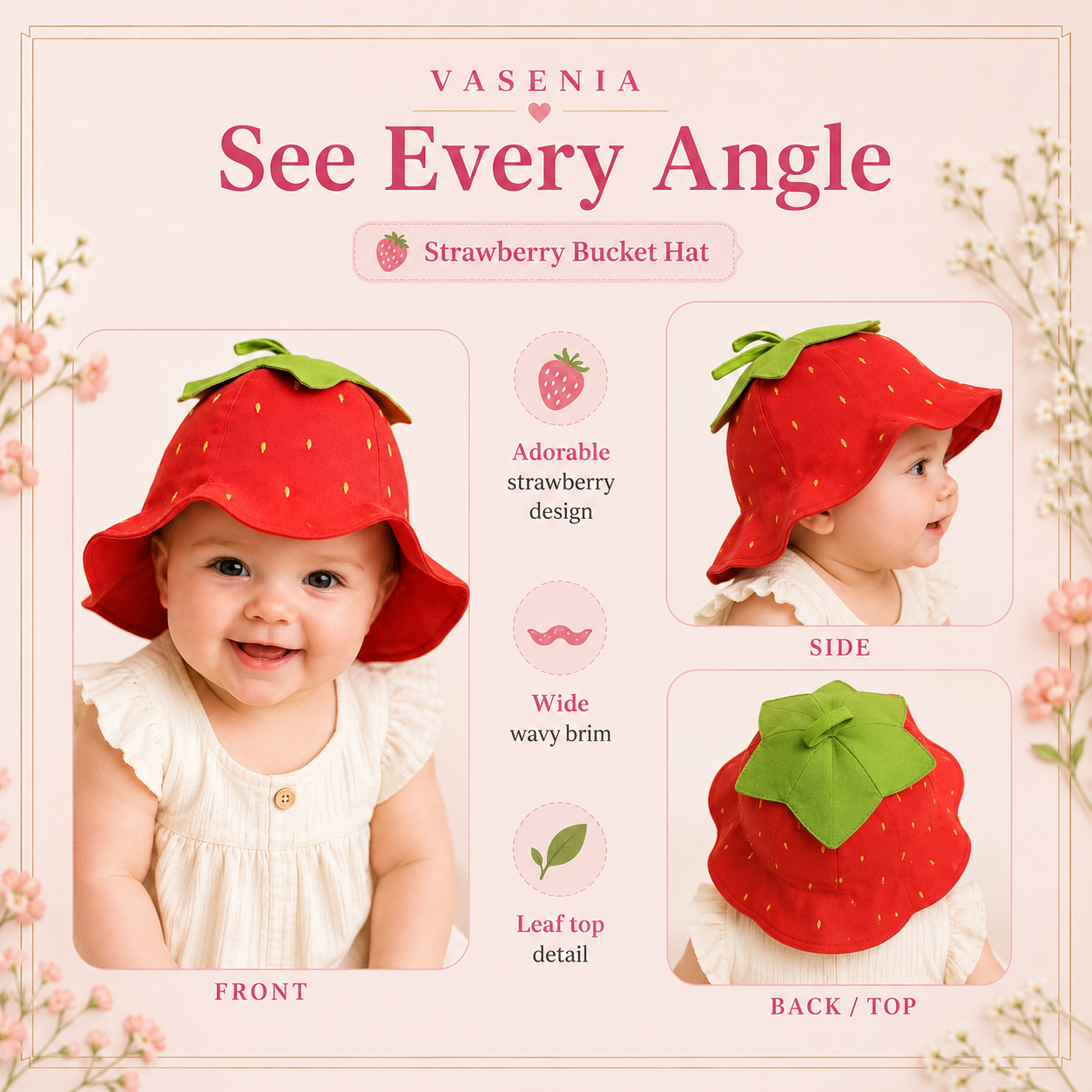 Strawberry Bucket Hat PDF Sewing Pattern, Baby Kids Adult Fruit Hat Pattern, Fully Lined, Printable US Letter Digital Pattern
