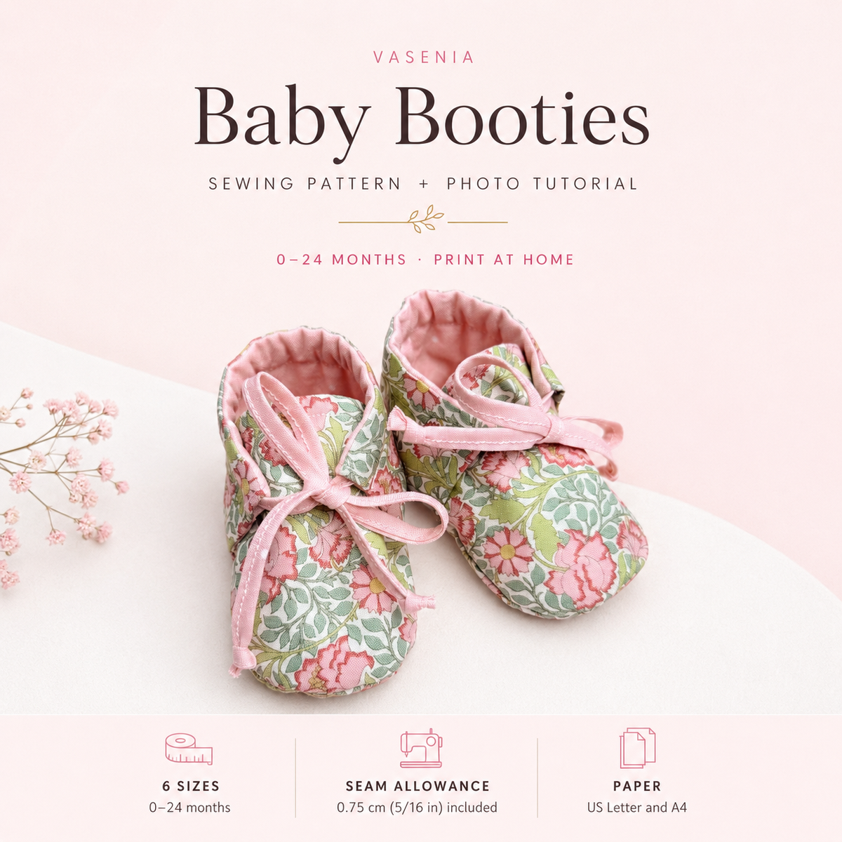 Vasenia baby booties sewing pattern and photo tutorial overview, with floral tie-up booties.