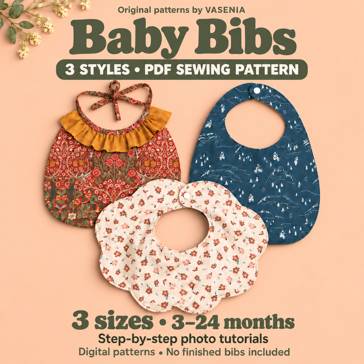 Three baby bib designs: cream floral petal bib, red bib with mustard ruffle, and blue snap bib. PDF sewing pattern in three sizes, 3–24 months.