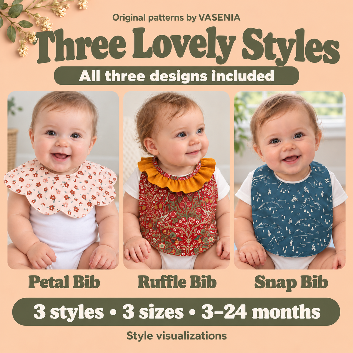 Style visualizations of babies wearing the Petal Bib, Ruffle Bib and Snap Bib; all three designs and three sizes are included.