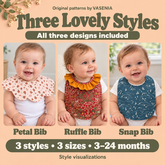 Style visualizations of babies wearing the Petal Bib, Ruffle Bib and Snap Bib; all three designs and three sizes are included.