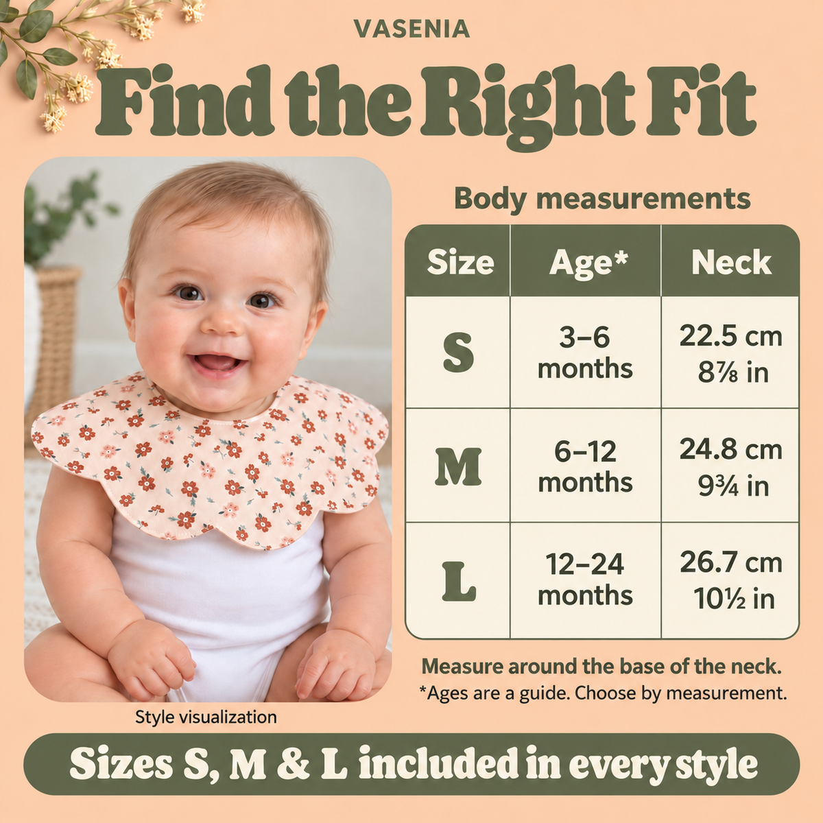 Baby bib size guide: S, 3–6 months, 22.5 cm neck; M, 6–12 months, 24.8 cm; L, 12–24 months, 26.7 cm. Choose by neck measurement.
