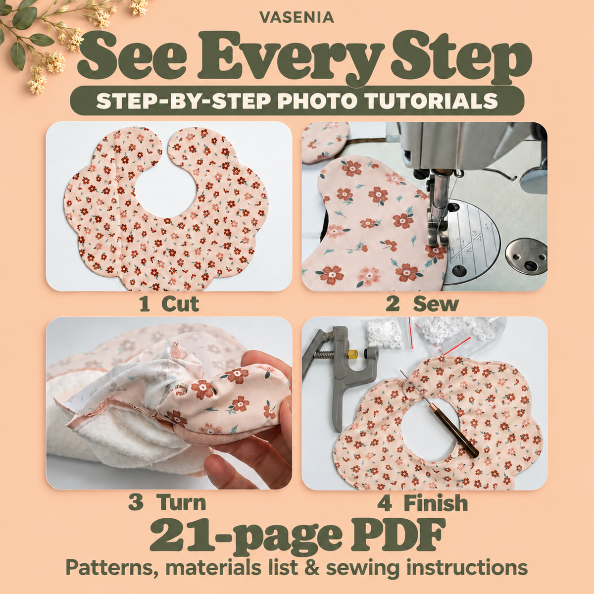 Photo tutorial previews show cutting, sewing, turning and adding snaps to a floral petal bib.