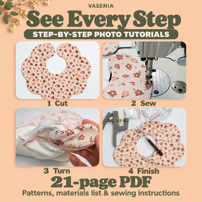 Photo tutorial previews show cutting, sewing, turning and adding snaps to a floral petal bib.
