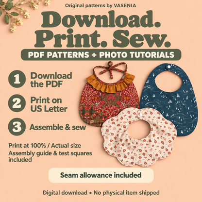 Download the PDF, print on US Letter at 100% Actual Size, assemble and sew. Test squares and seam allowance included; digital pattern only.