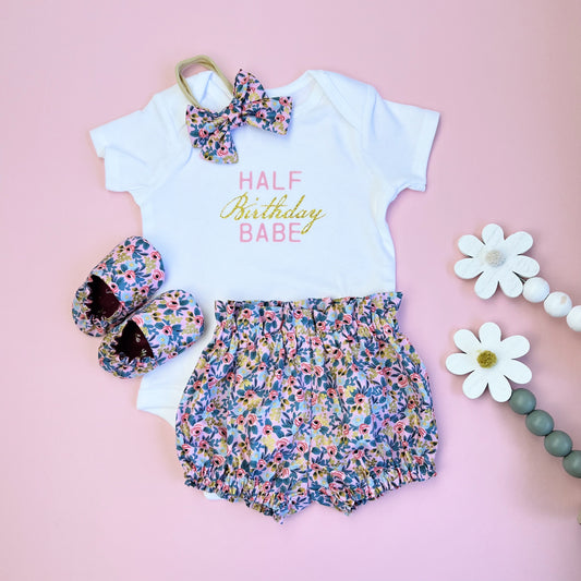 Half Birthday Babe 4-piece set. 1/2 Birthday Girl Party Outfit. Matching outfit including Bloomers, Slippers, bow and bodysuit.