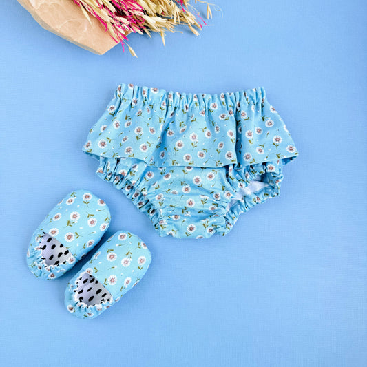 Flowers Outfit Baby Girl. Diaper Cover, slippers & bow.