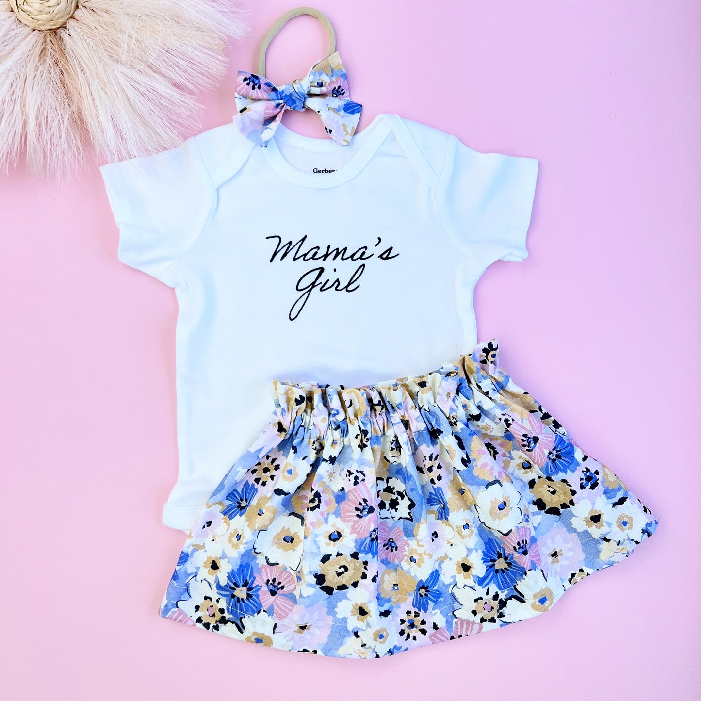 Mother's Day Baby Girl outfit. Mama's girl bodysuit, skirt, slippers and bow.