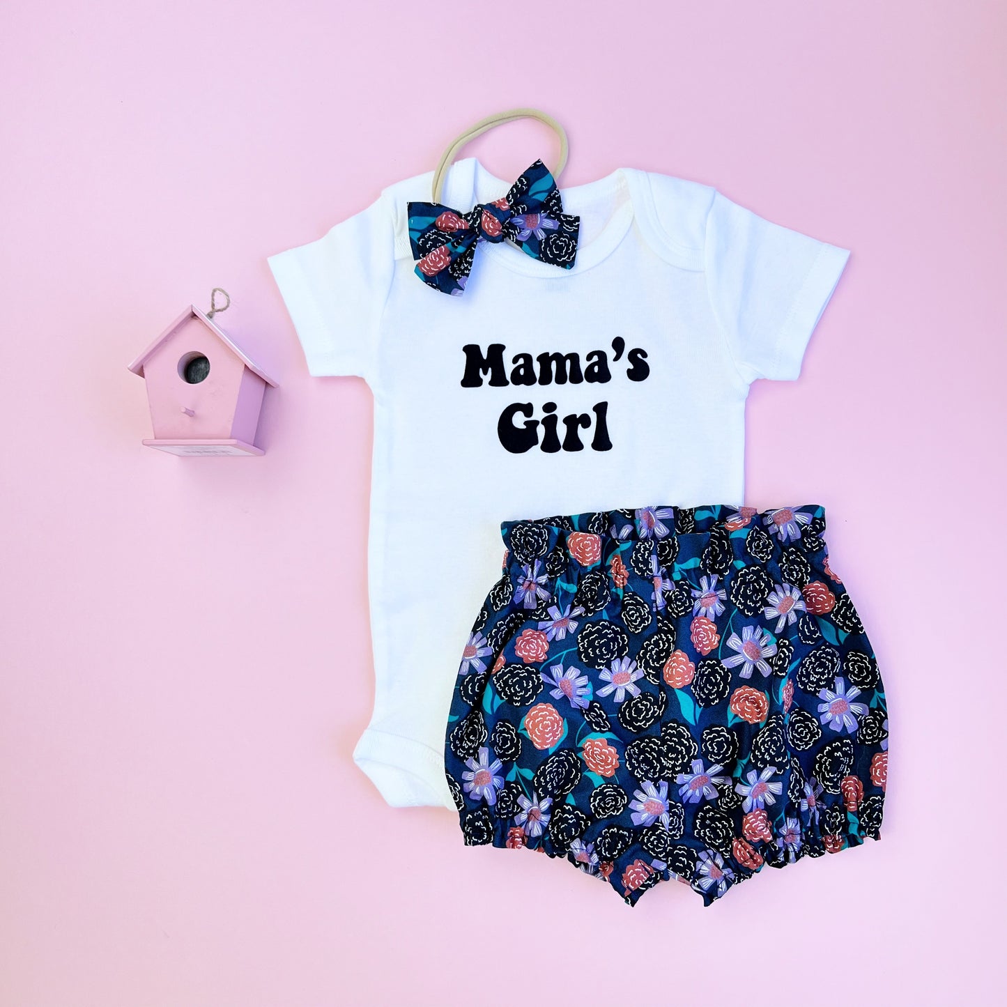 Mother's Day Baby Girl outfit. Matching outfit including Bloomers, Slippers, bow and bodysuit