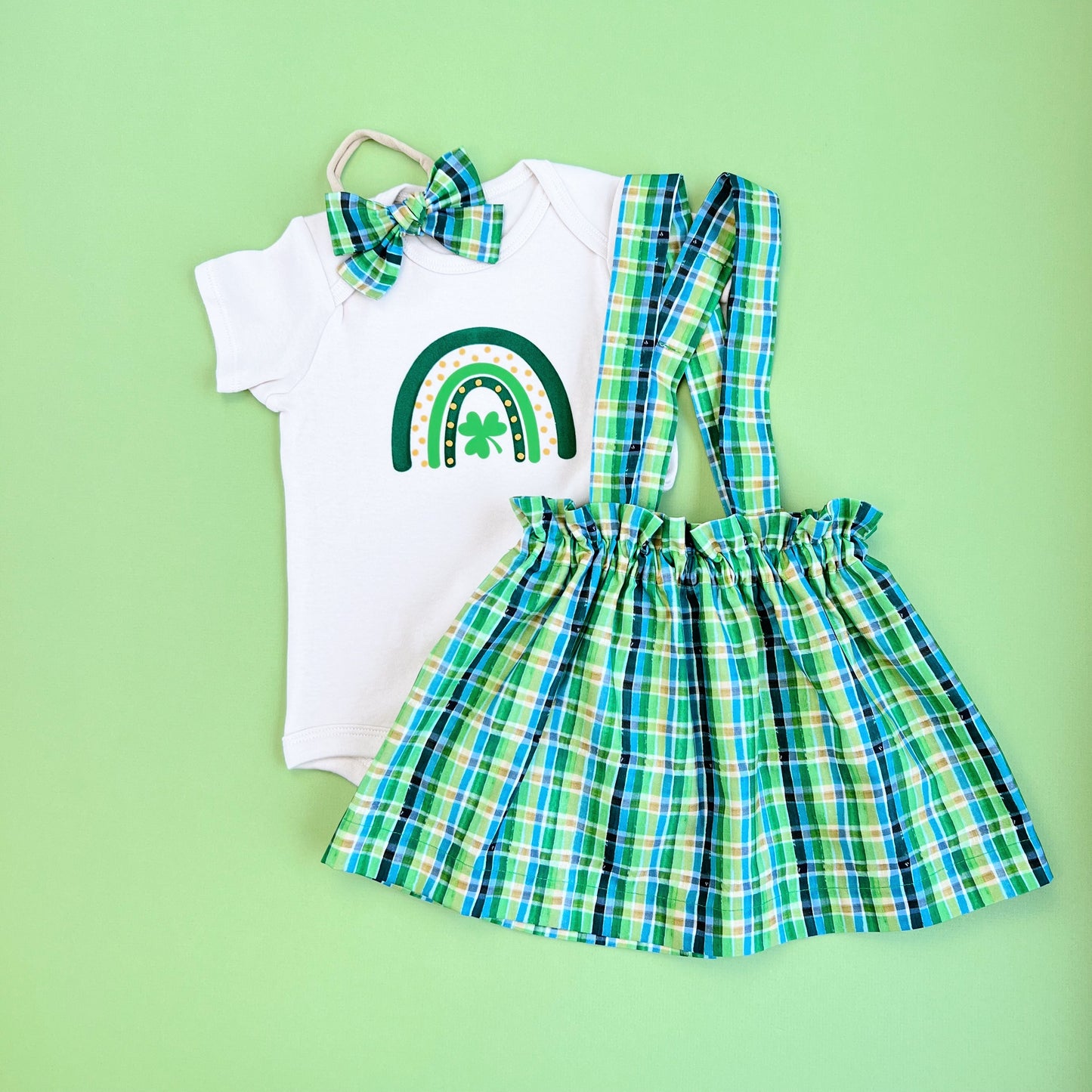 St. Patrick’s Day baby girl outfit. Plaid green skirt Set. Plaid toddler girl outfit