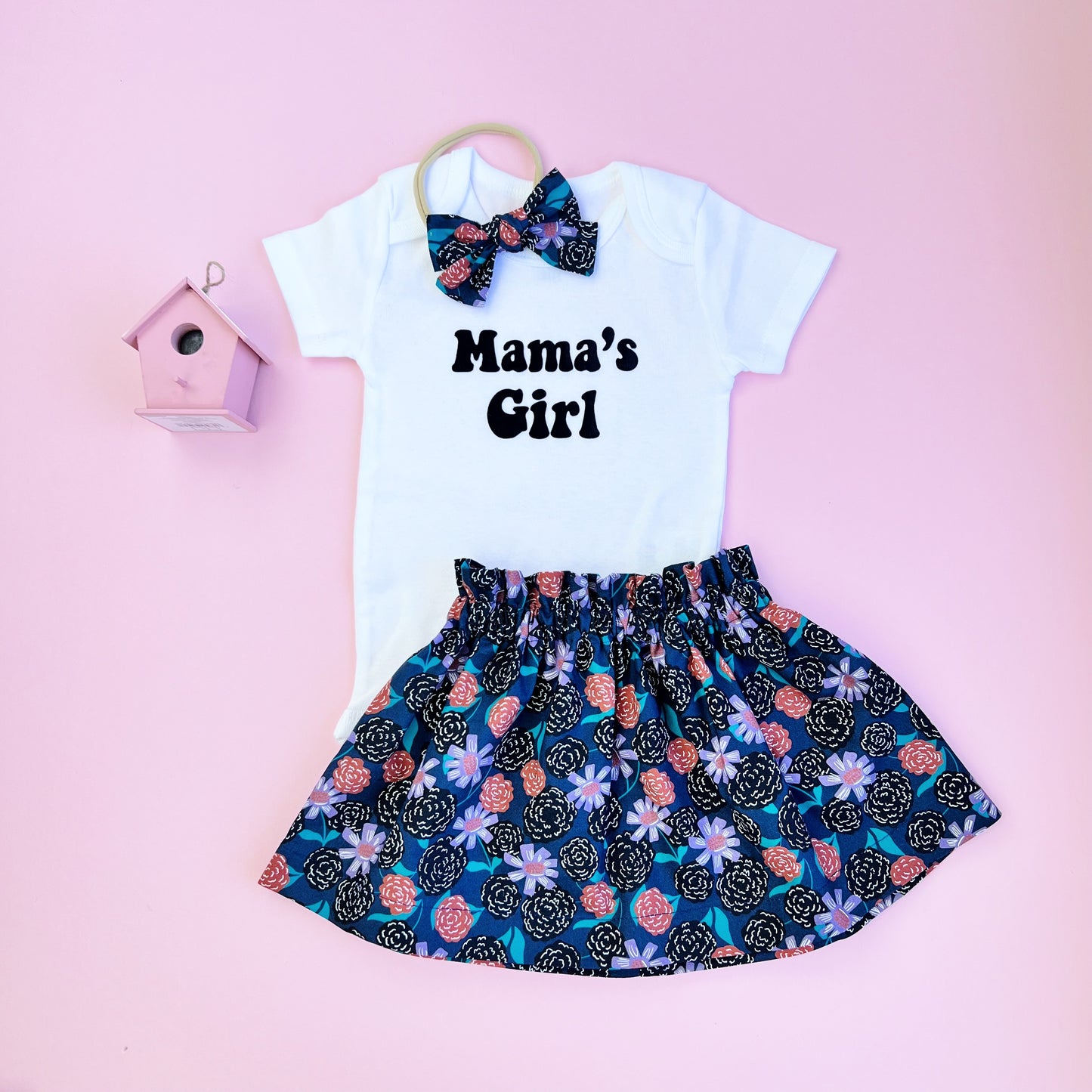 Mother's Day Baby Girl outfit. Mama's girl bodysuit, skirt, slippers and bow.