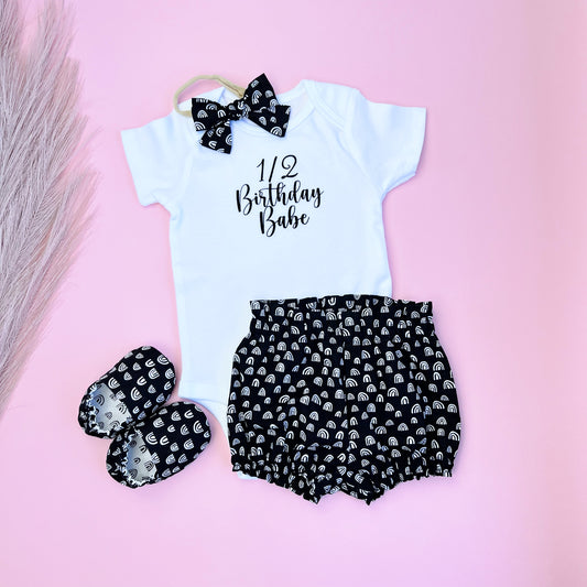 Half Birthday Babe 4-piece set. 1/2 Birthday Girl Party Outfit. Matching outfit including Bloomers, Slippers, bow and bodysuit