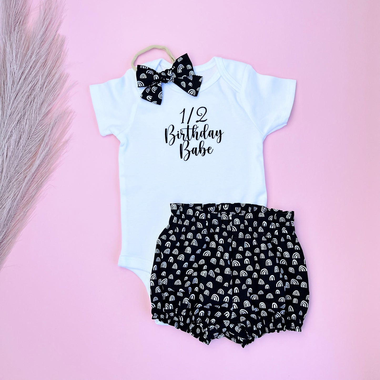 Half Birthday Babe 4-piece set. 1/2 Birthday Girl Party Outfit. Matching outfit including Bloomers, Slippers, bow and bodysuit