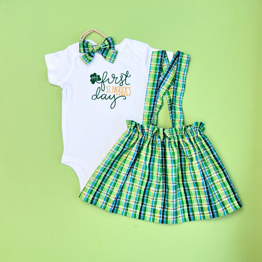 My first St. Patrick’s Day baby girl outfit. Plaid green skirt Set. Plaid toddler girl outfit