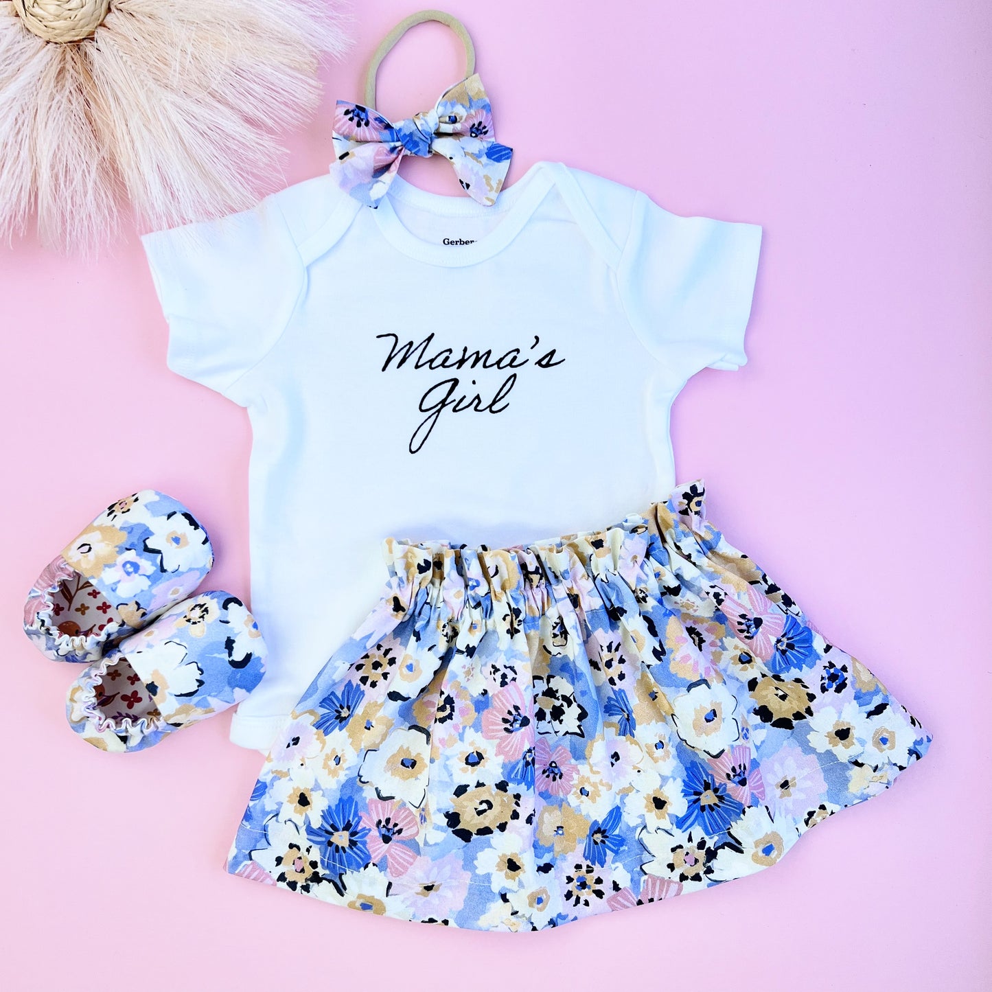 Mother's Day Baby Girl outfit. Mama's girl bodysuit, skirt, slippers and bow.