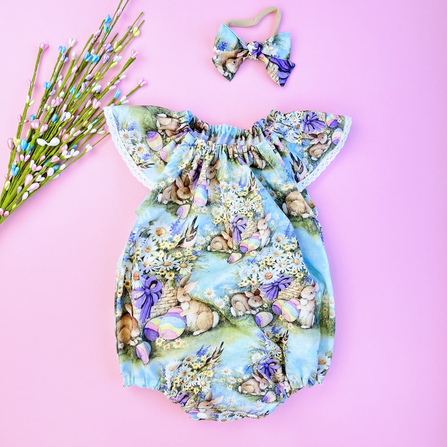 Easter baby girl outfit. Bubble romper. Summer girl outfit.