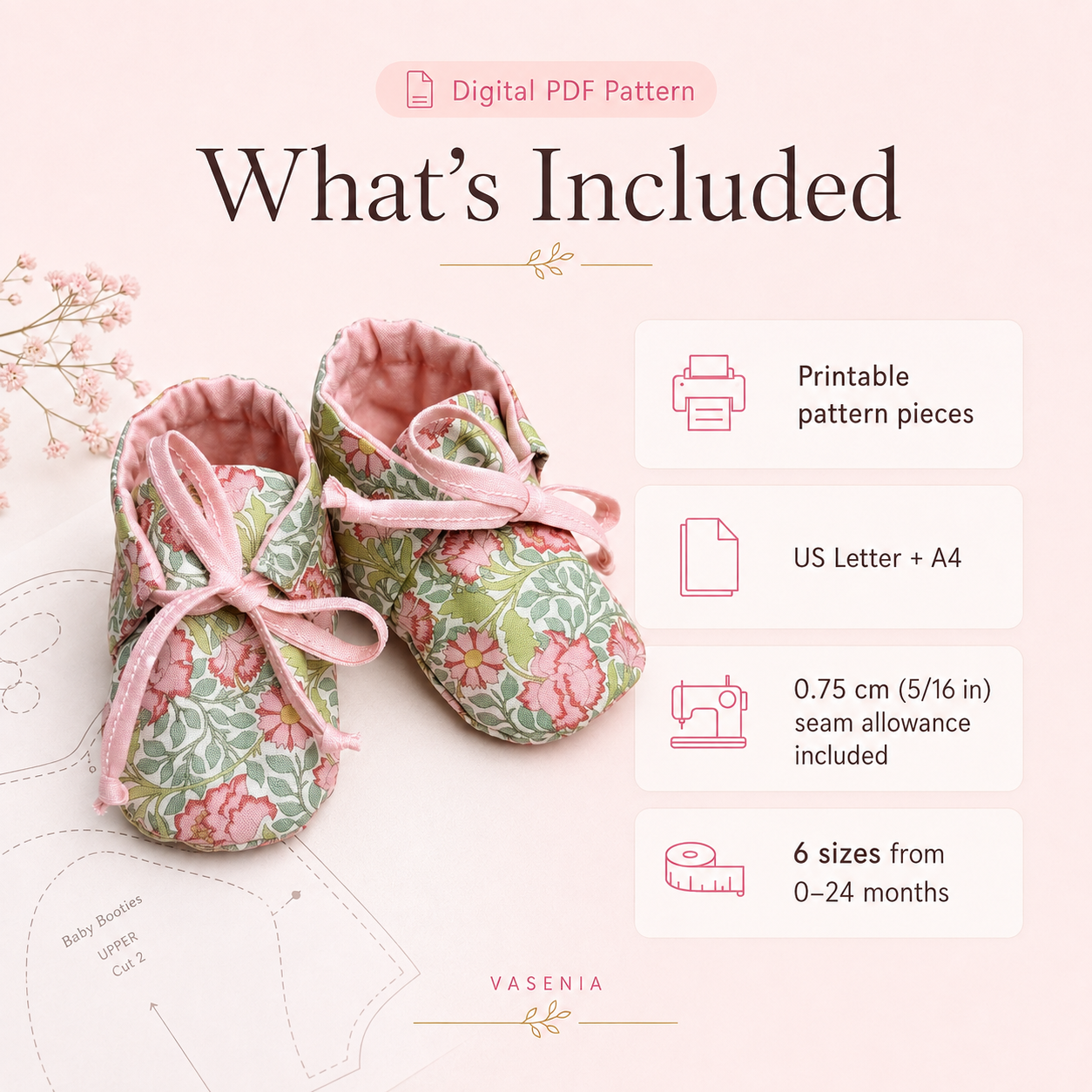 Baby Booties Sewing Pattern PDF, Baby Shoes Pattern, 0-24 Months, Printable Baby Sewing Pattern, Photo Tutorial