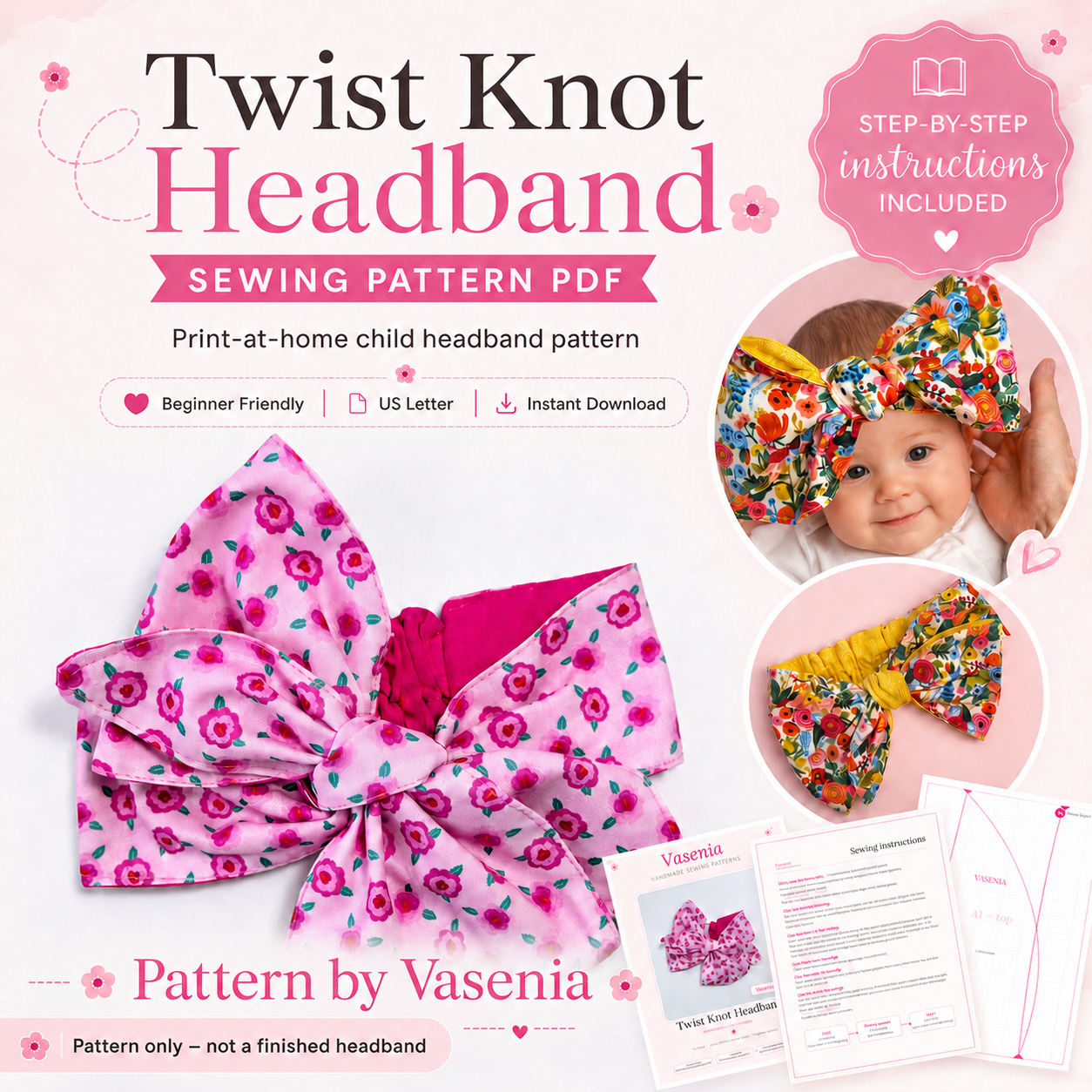Twist Knot Headband Sewing Pattern PDF. Child Size Bow Headband Tutorial