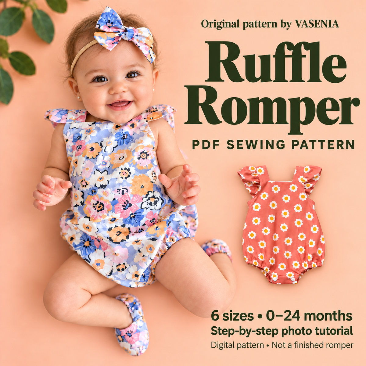 Baby Ruffle Romper Sewing Pattern PDF, 6 Sizes 0–24 Months, Step-by-Step Photo Tutorial