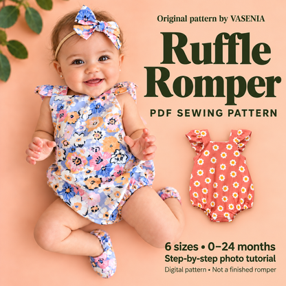 Baby Ruffle Romper Sewing Pattern PDF, 6 Sizes 0–24 Months, Step-by-Step Photo Tutorial