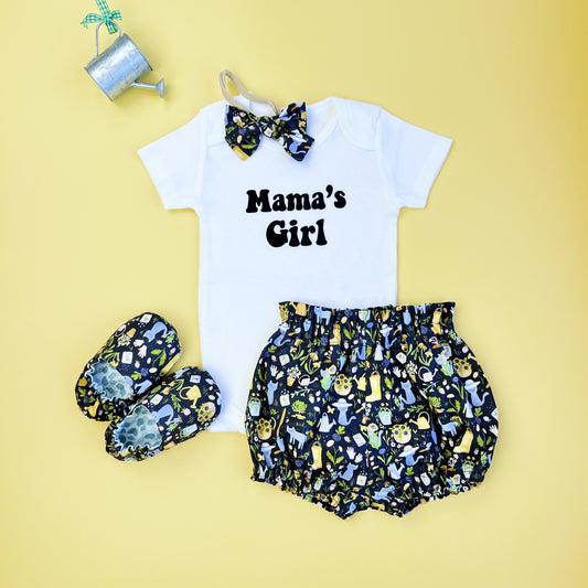 Mother's Day Baby Girl outfit. Matching outfit including Bloomers, Slippers, bow and bodysuit