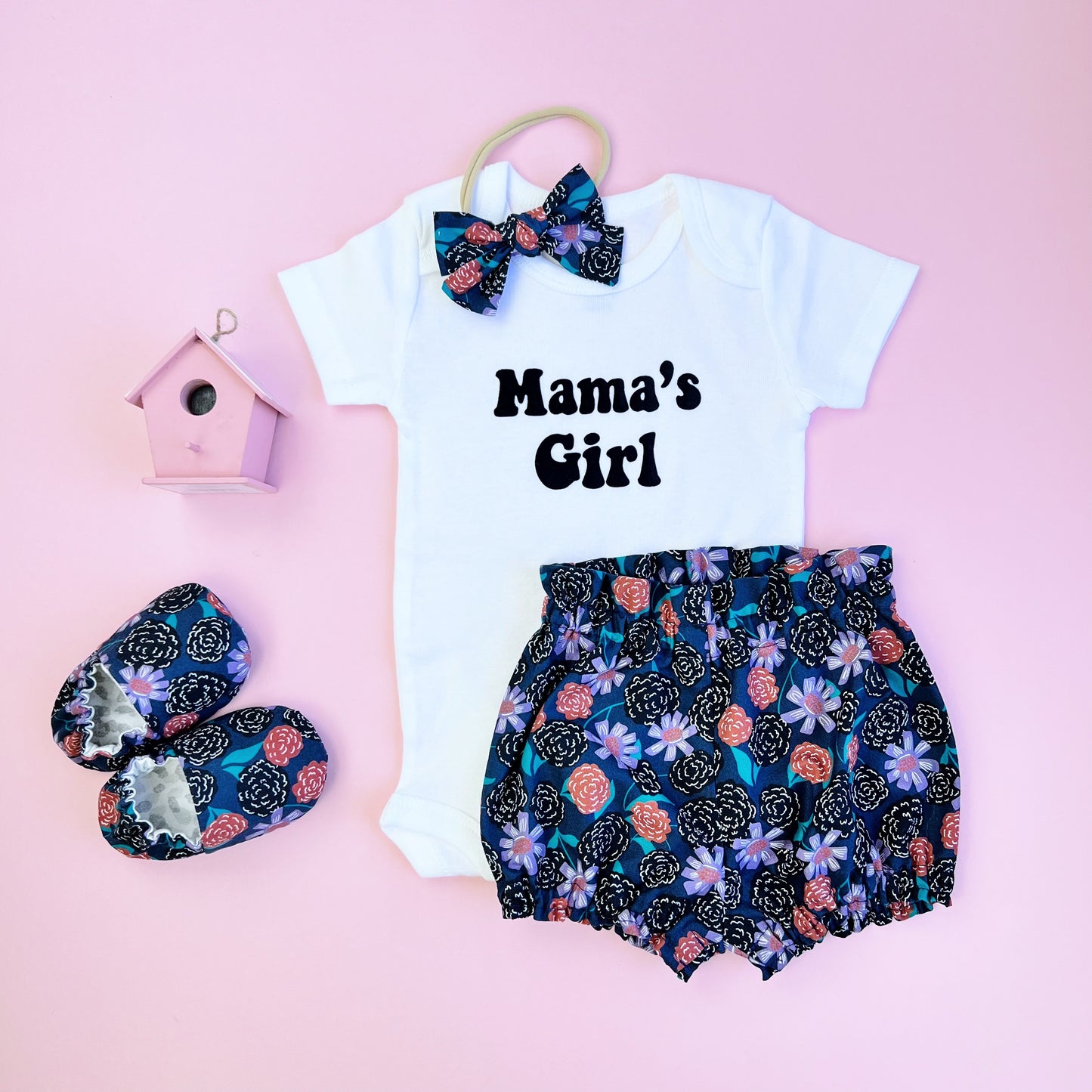 Mother's Day Baby Girl outfit. Matching outfit including Bloomers, Slippers, bow and bodysuit