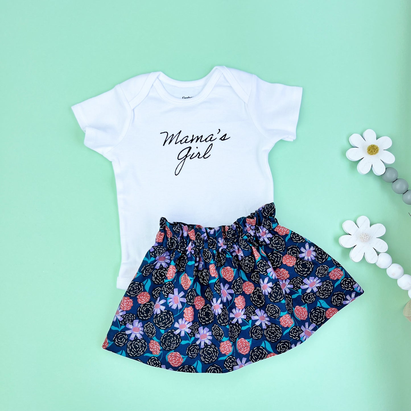 Mother's Day Baby Girl outfit. Mama's girl bodysuit, skirt, slippers and bow.