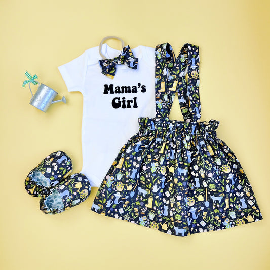 Mother’s Day Baby Girl outfit. Matching outfit including skirt, Slippers, bow and bodysuit