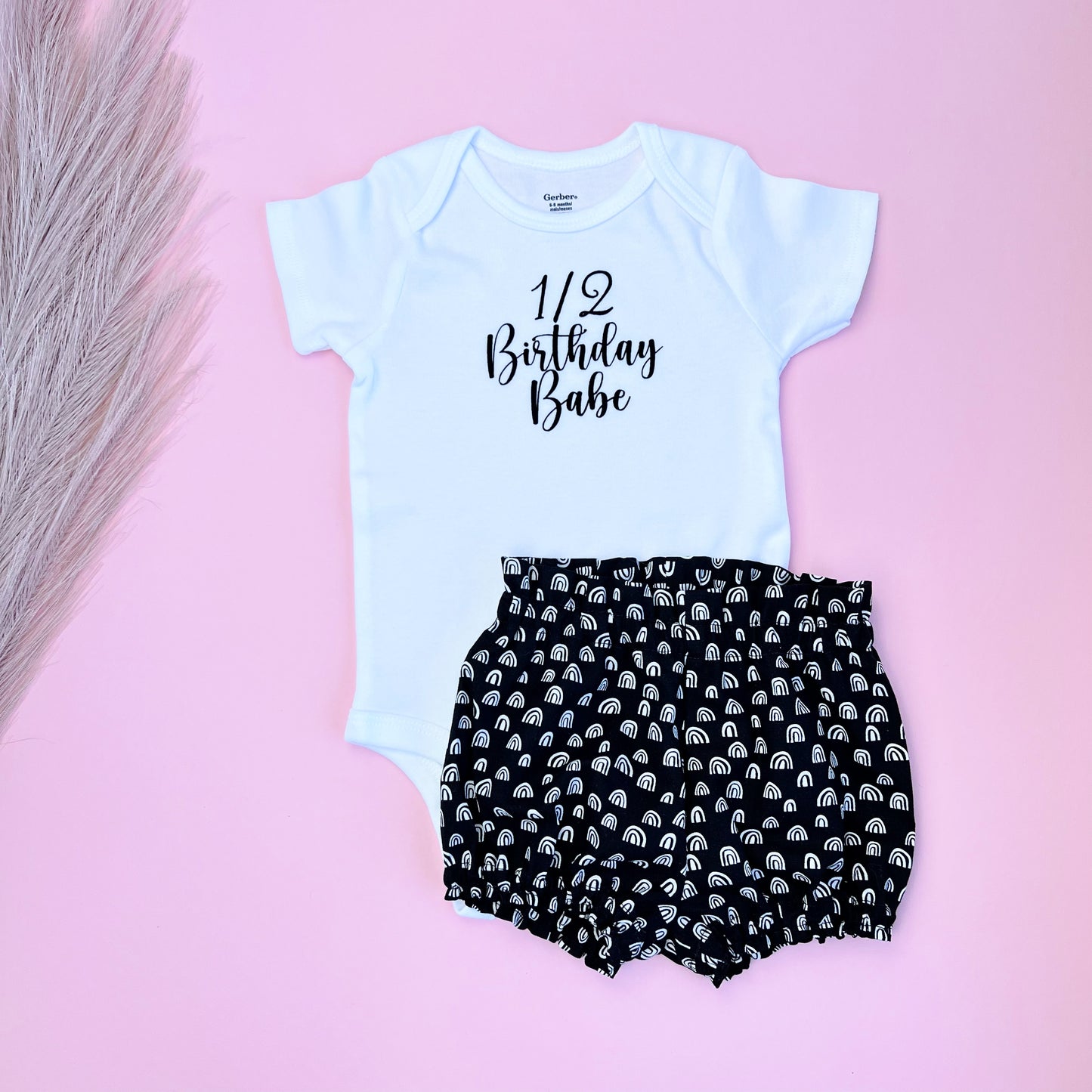 Half Birthday Babe 4-piece set. 1/2 Birthday Girl Party Outfit. Matching outfit including Bloomers, Slippers, bow and bodysuit