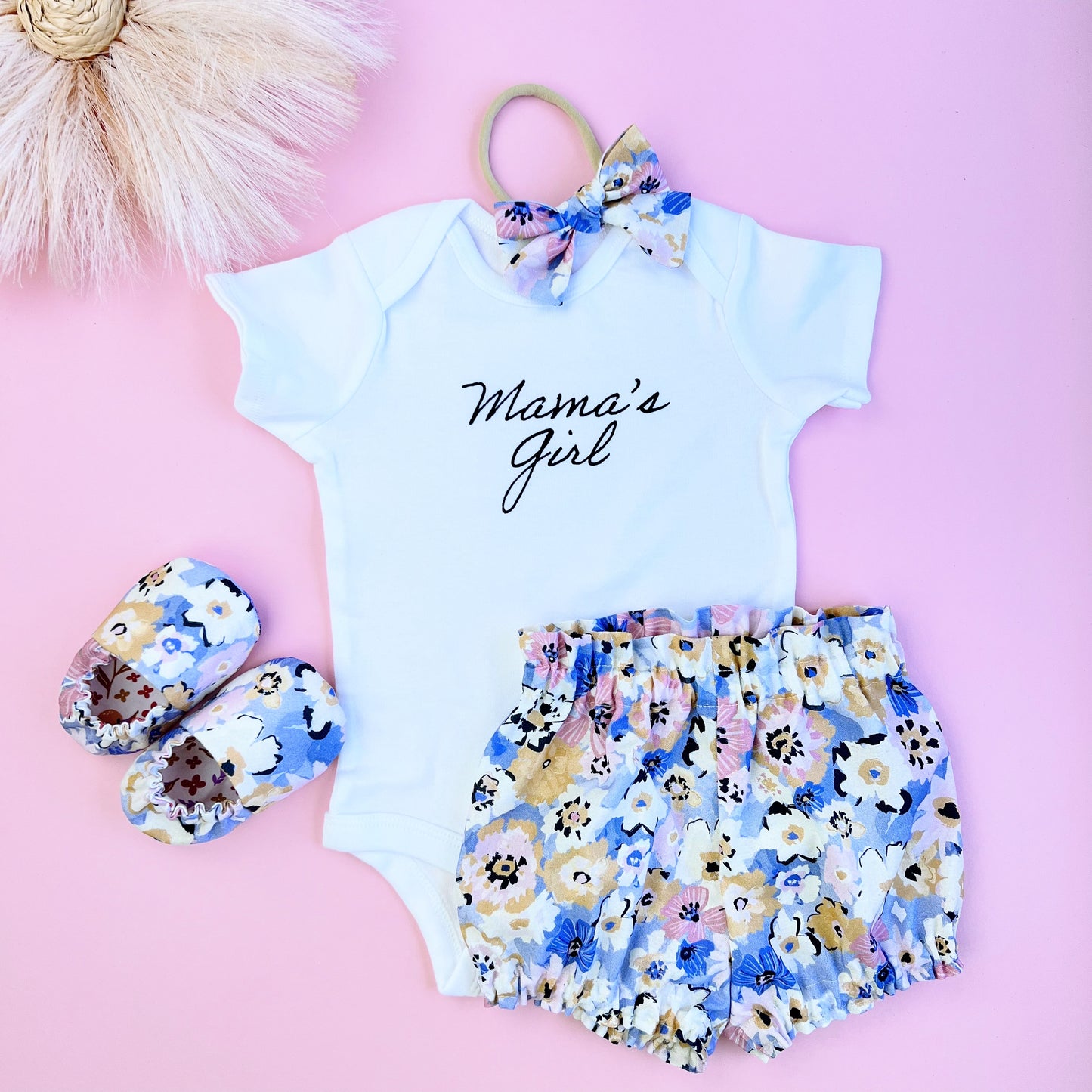 Mother's Day Baby Girl outfit. Matching outfit including Bloomers, Slippers, bow and bodysuit