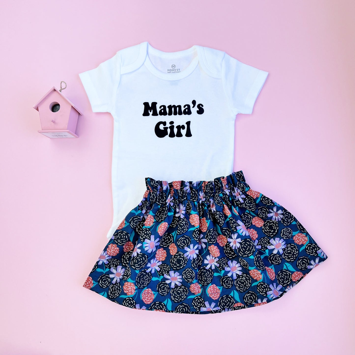 Mother's Day Baby Girl outfit. Mama's girl bodysuit, skirt, slippers and bow.