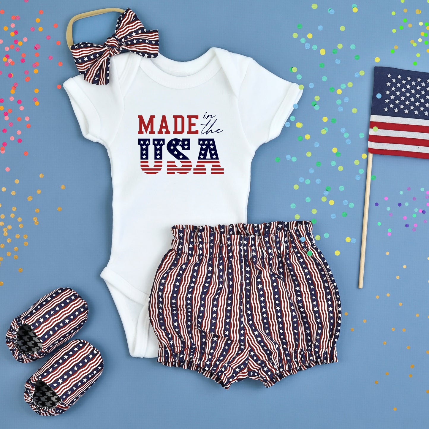 First 4th of July girls outfit. Baby Bloomers Set & slippers.