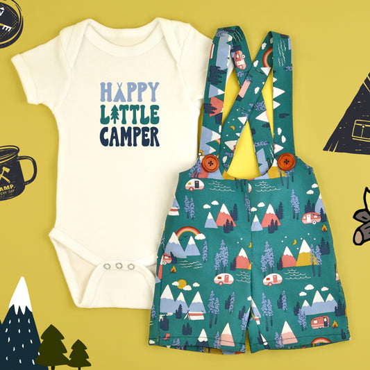 Boy's Outfit Set "Happy Little Camper", Bodysuit and suspenders shorts.