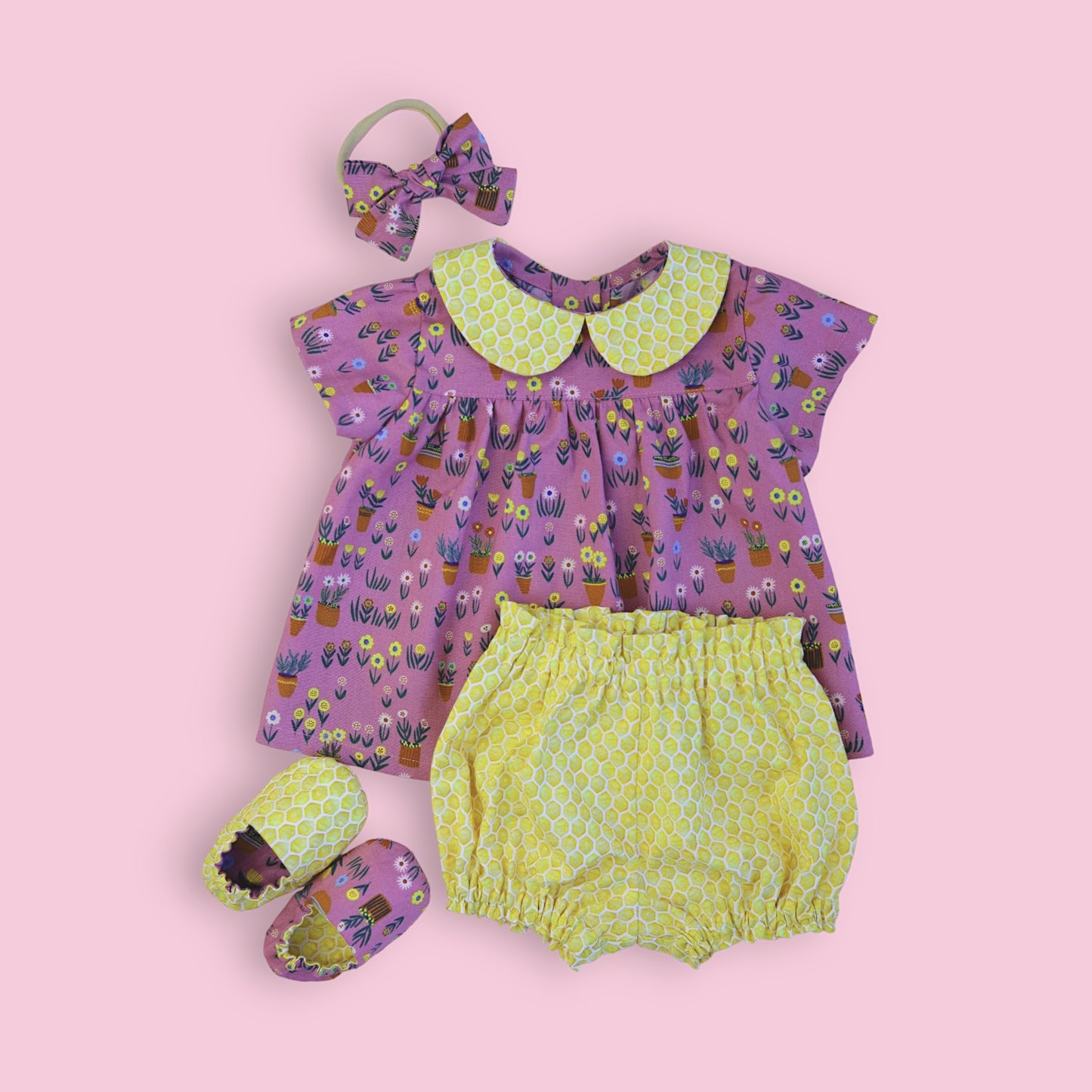 Premium Cotton Girl's Outfit: Blouse, Bloomers, Slippers, and Bow.