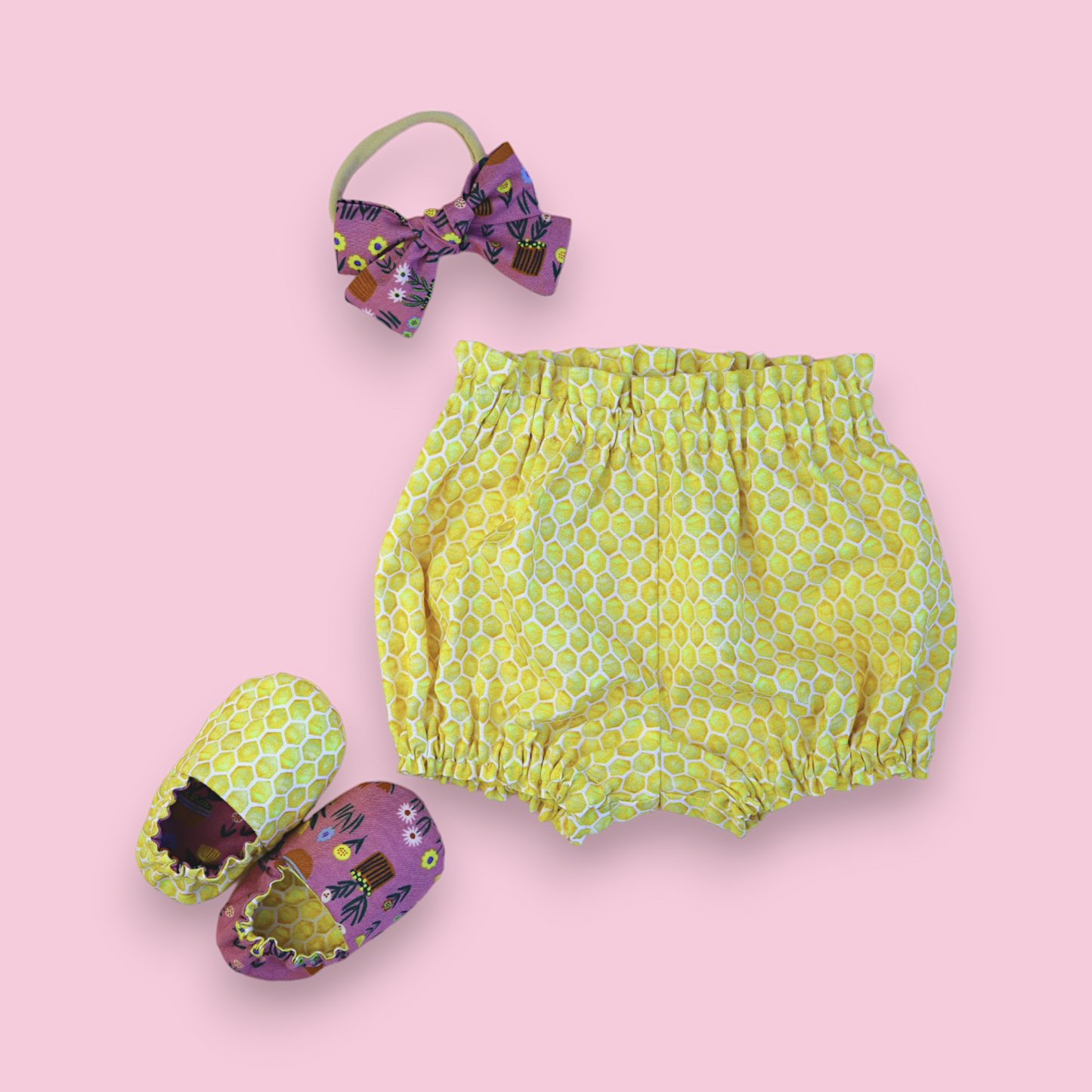 Premium Cotton Girl's Outfit: Blouse, Bloomers, Slippers, and Bow.