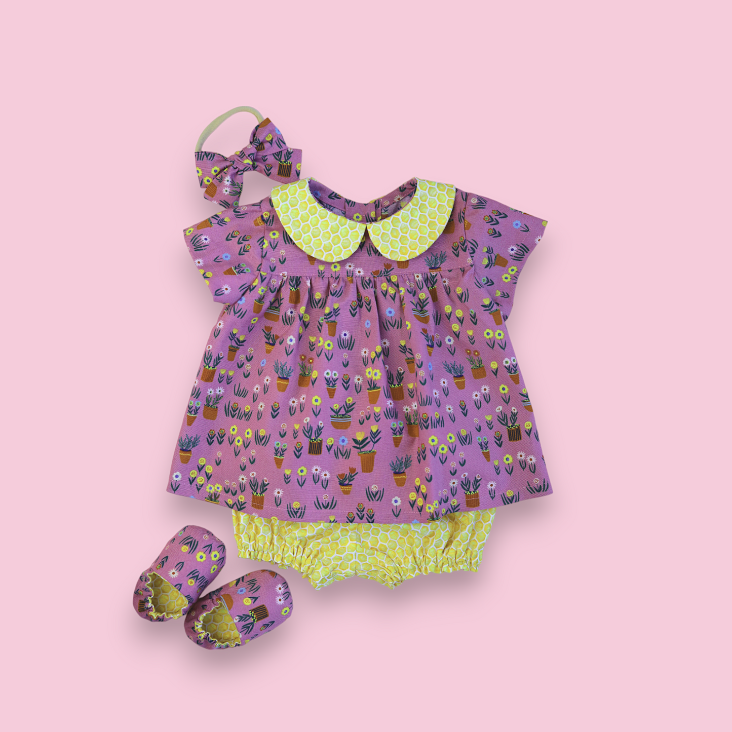 Premium Cotton Girl's Outfit: Blouse, Bloomers, Slippers, and Bow.