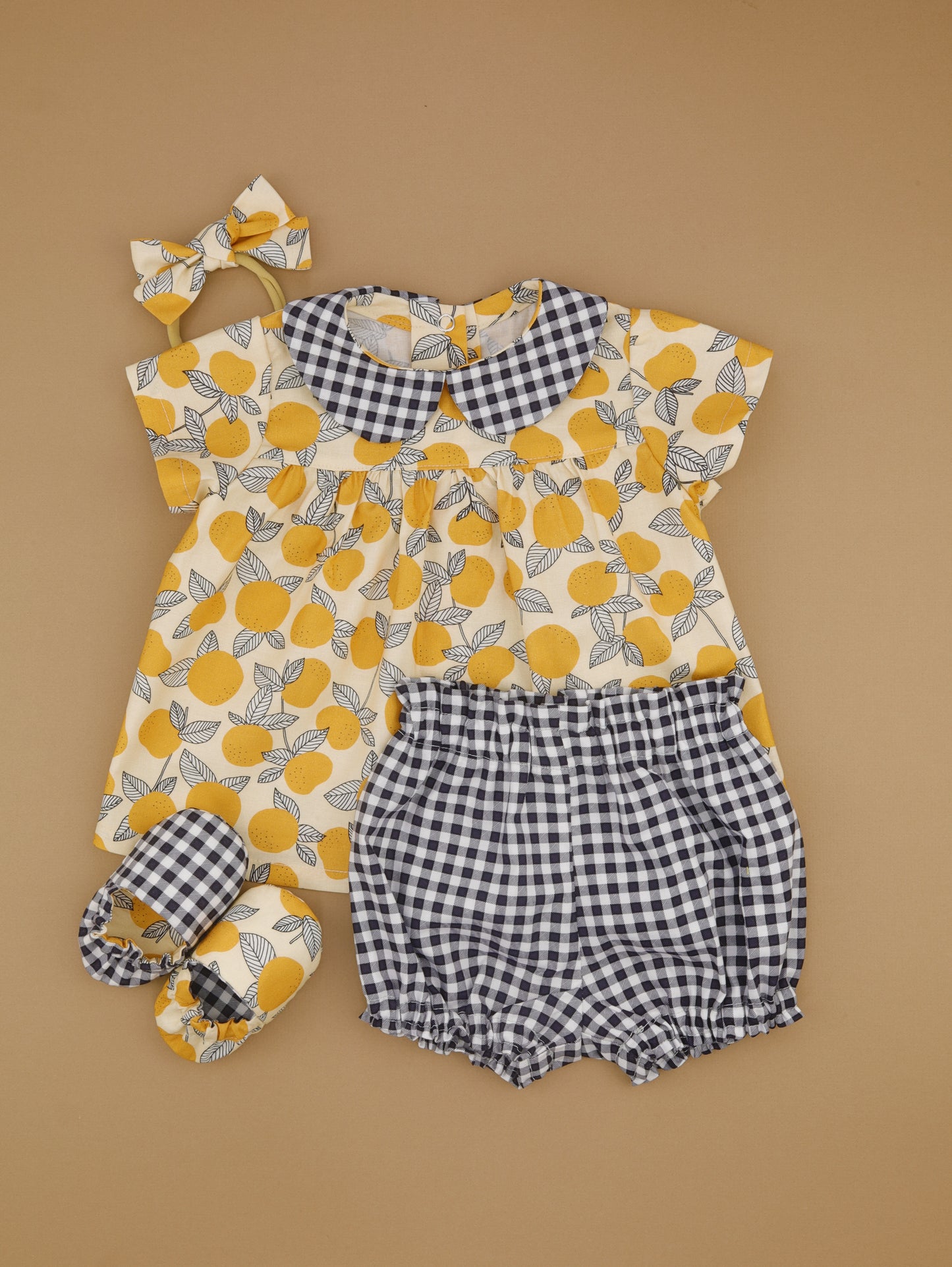 Premium Cotton Girl's Outfit: Blouse, Bloomers, Slippers, and Bow.