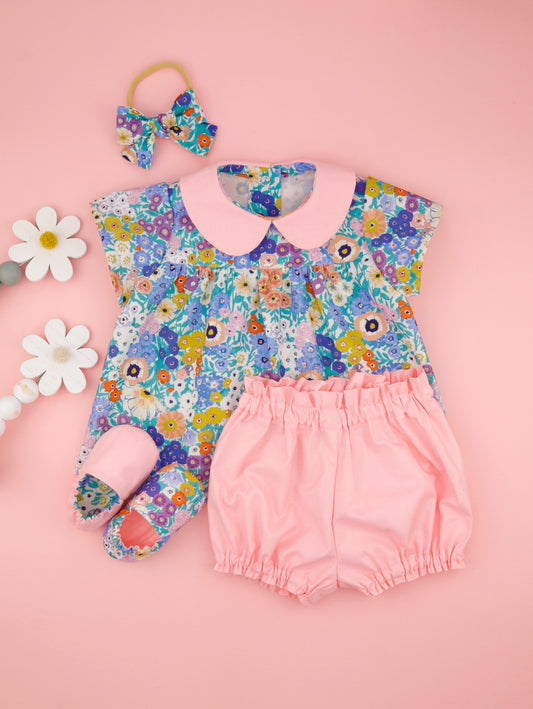 Premium Cotton Girl's Outfit: Blouse, Bloomers, Slippers, and Bow.