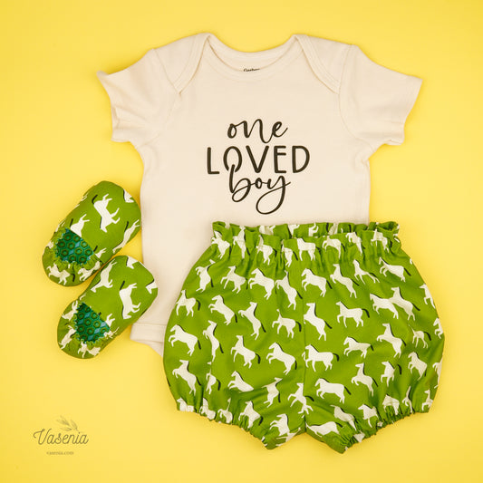 Boy's Outfit Set: Bodysuit, Bloomers, and Matching Slippers with Horses