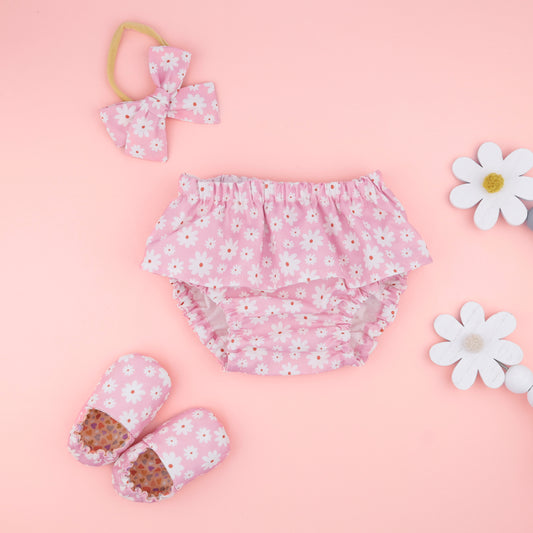 Summer Outfit Baby Girl. Diaper Cover, slippers & bow.