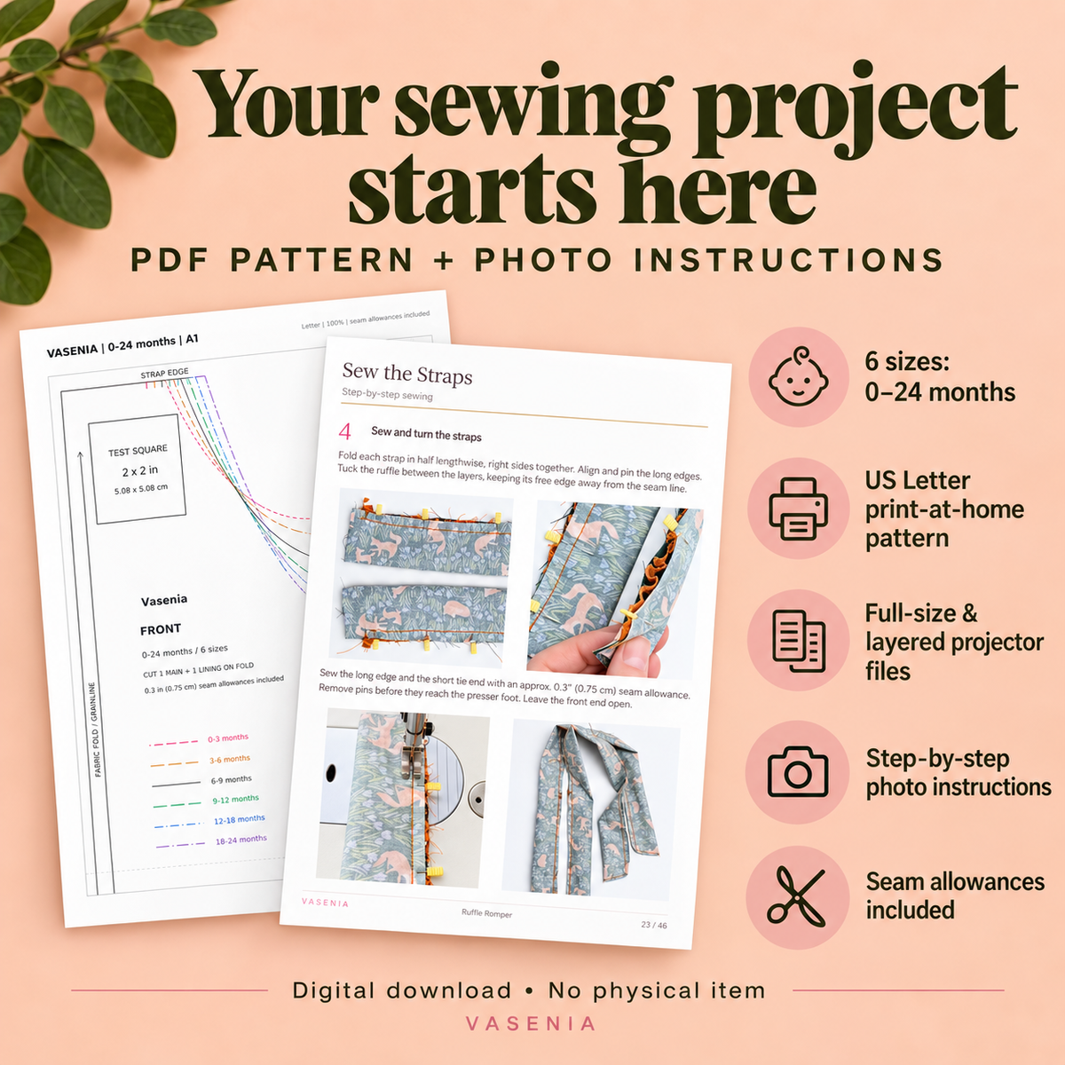 Baby Ruffle Romper Sewing Pattern PDF, 6 Sizes 0–24 Months, Step-by-Step Photo Tutorial