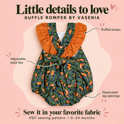 Baby Ruffle Romper Sewing Pattern PDF, 6 Sizes 0–24 Months, Step-by-Step Photo Tutorial