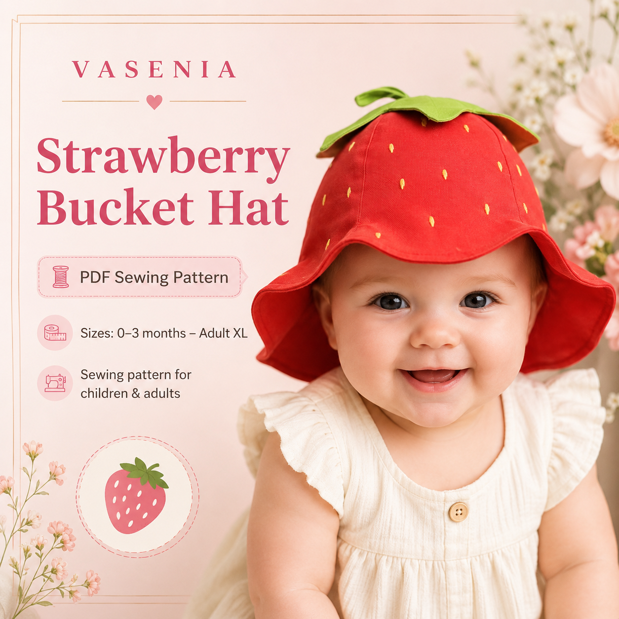 Strawberry Bucket Hat PDF Sewing Pattern, Baby Kids Adult Fruit Hat Pattern, Fully Lined, Printable US Letter Digital Pattern