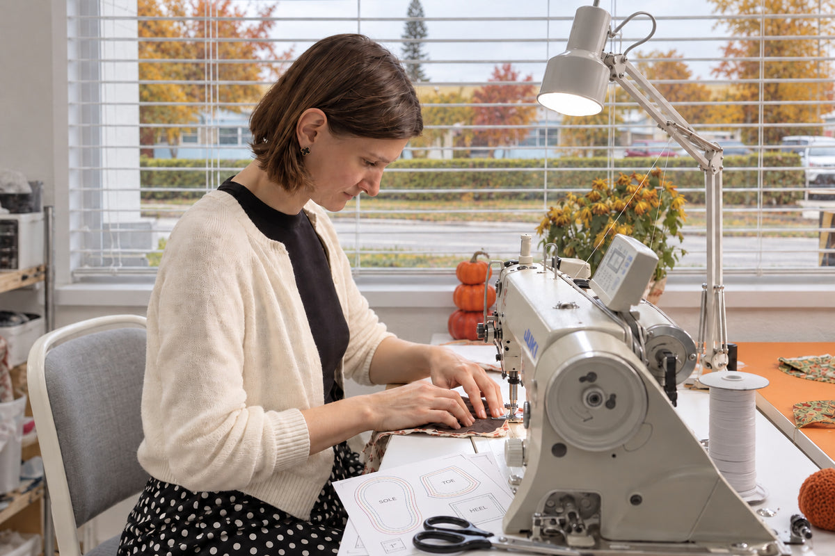 Kate sewing in her studio beside an autumn window