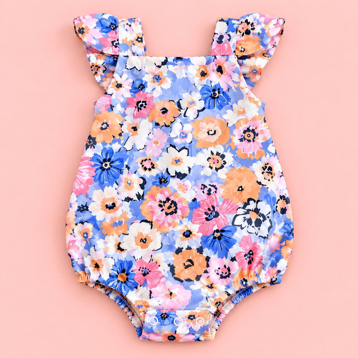 Floral baby romper with ruffled straps, made from the Vasenia sewing pattern