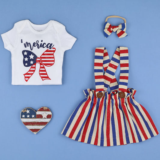 4th of July girls outfit. Suspender skirt and bow.