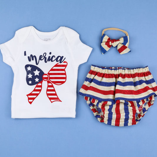 First 4th of July girls outfit. America bodysuit. Baby Bloomers Set