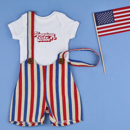 4th of July girl Outfit.  American babe shirt. July Patriotic Shirt Suspender Shorts.